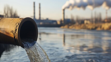 Polluted water flowing from pipe, industrial pollution, environmental impact, wastewater outflow, factory in background