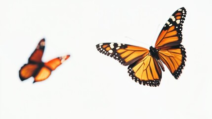 Monarchs flying, white background, nature