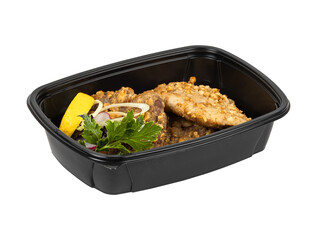 A black plastic container of delicious food on a white background