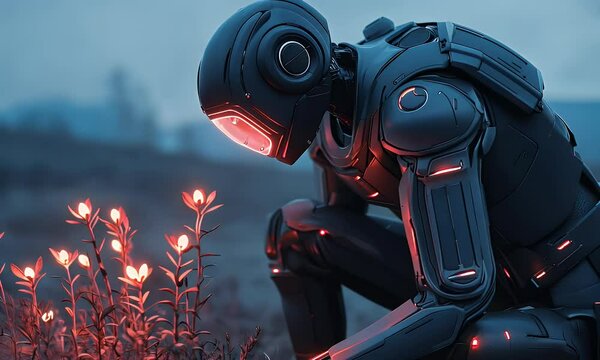 Robot observing bioluminescent plants, desolate landscape, futuristic scene, science fiction concept
