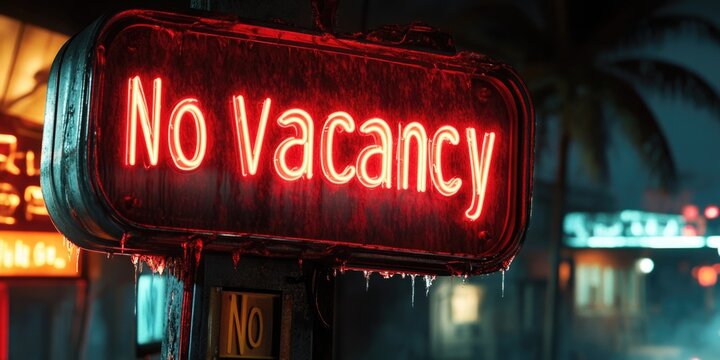 A bright neon sign with the message 'no vacancy' in bold letters, often used to indicate a fully booked hotel or accommodation