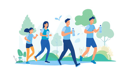 Family jogging in a park carrying water bottles (hydration importance daily) discussing preventive screenings essentials and planning balanced work-life tips. 