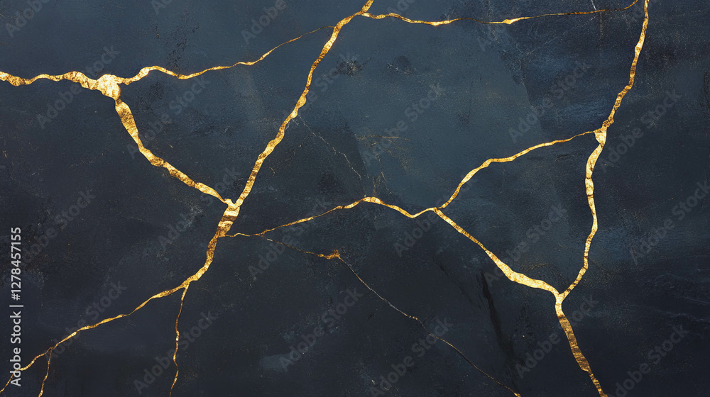 Poster elegant abstract design with gold highlighted cracks on dark concrete texture