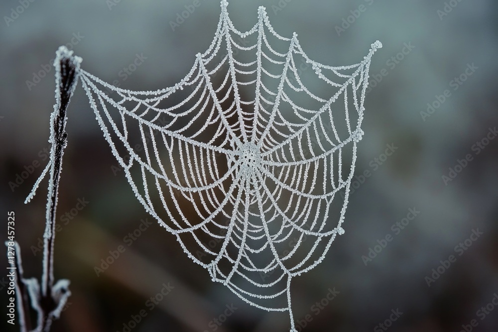 Poster close-up of a spider web covered in tiny water droplets, great for nature or science related uses