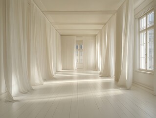 Empty white room with curtains, sunlight, and windows