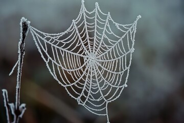 Close-up of a spider web covered in tiny water droplets, great for nature or science related uses