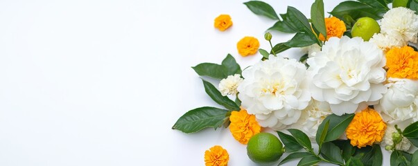 A fresh and citrusy-themed floral setup with white camellias, yellow marigolds, and scattered lime leaves.