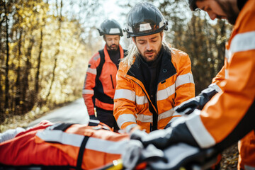 Paramedic, emergency and injury on road with concussion check from accident with help, EMT man and first aid. Patient, ambulance and medical people with rescue on stretcher for transport to clinic