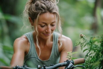 Woman focused on mountain biking while enjoying nature in a lush green environment during daytime