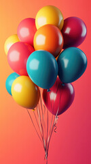 Abunchofcolorfulballoonsfloatingagainstacoralbackground.