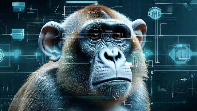 Monkey engages with a high-tech digital interface, displaying intelligence and curiosity in a futuristic environment