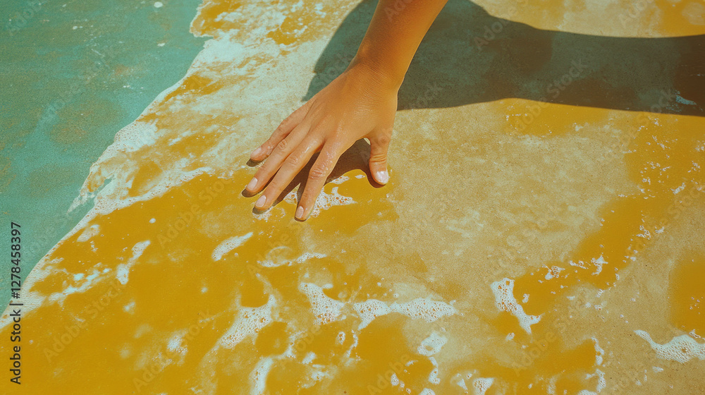 Poster hand on gold painted concrete texture with smooth finish design for artistic background