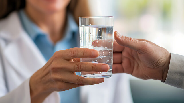 Smiling nurse handing a patient information about preventive screenings essentials, also offering a glass of water emphasizing hydration importance daily, and discussing balanced work-life tips. 