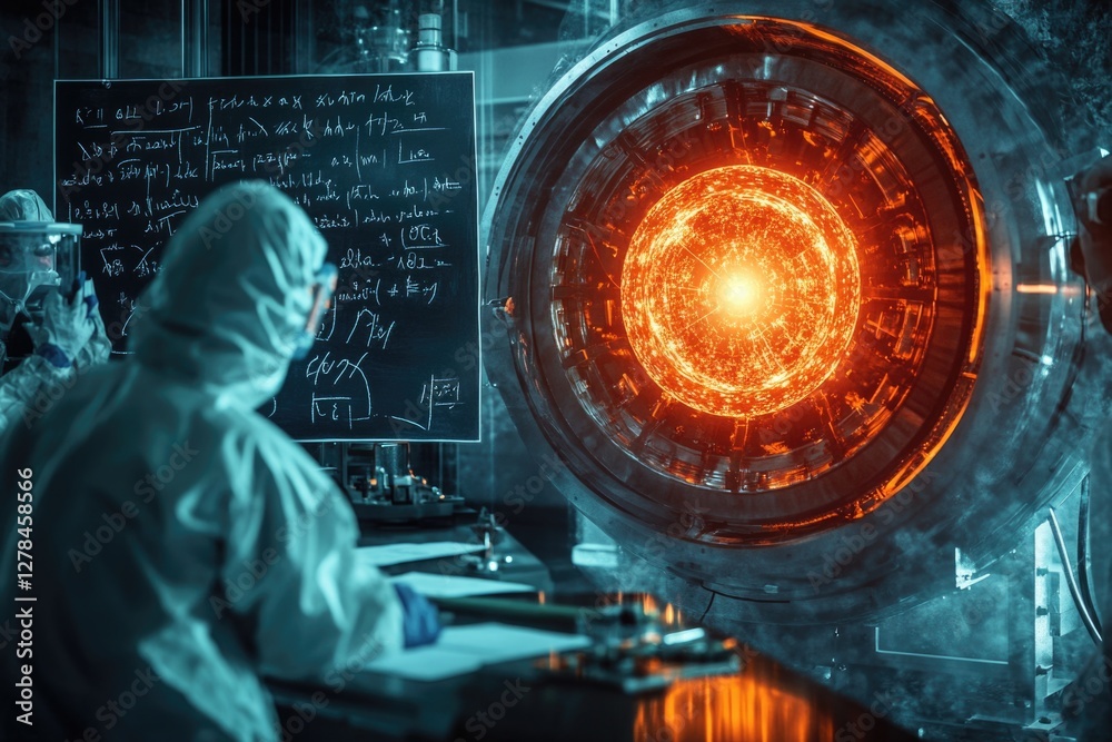 Poster A scientist in a lab coat stands in front of a machine, likely working on a project
