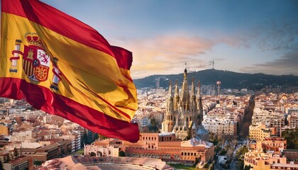 The Spanish flag waving in Barcelona, background famous Basílica de la Sagrada Família church.
