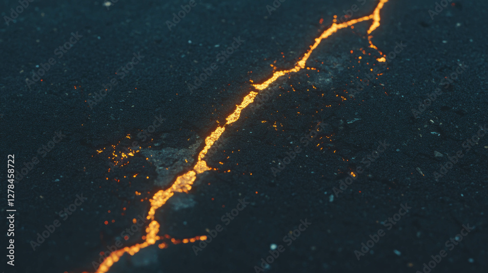 Poster crack in concrete with glowing gold texture for design and decoration concepts