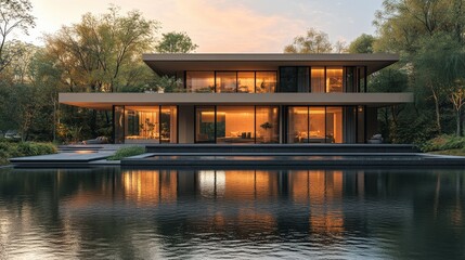 Obraz premium Modern architectural design of a house by a tranquil lake at sunset, surrounded by lush greenery