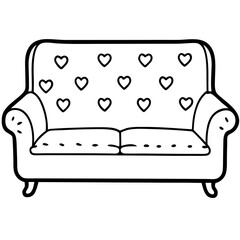Romantic Sofa Decorated with Hearts – Line Art