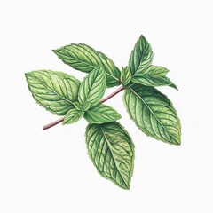 Watercolor illustration of mint leaves on a stem