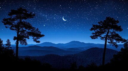 Night sky, crescent moon, mountain silhouettes, pine trees, landscape