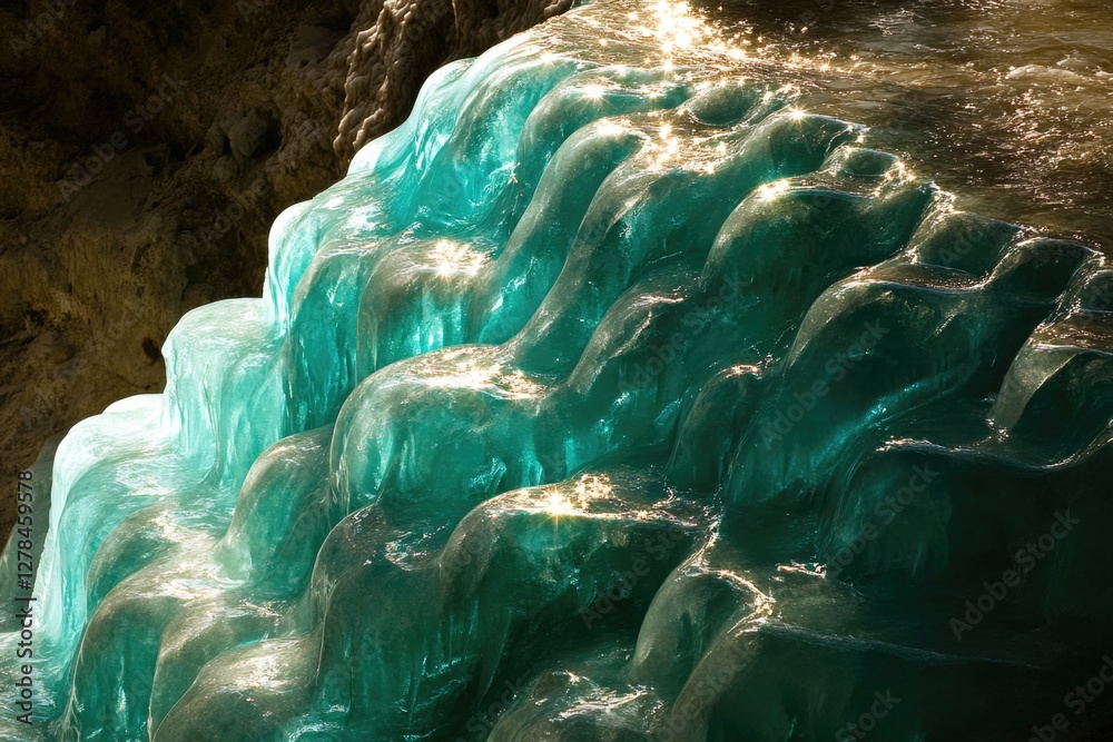 Poster a detailed view of a massive ice waterfall, with frozen water flowing down and melting at the bottom