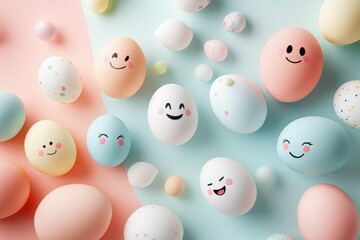 Colorful easter display with smiling painted eggs for festive celebration and decor