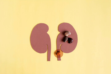 Abstract image of kidney disease and kidney stones in close-up on a light background. An image of kidney stones highlighted in red