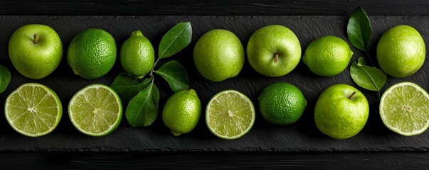 A mix of green apples and limes placed on a dark charcoal wooden surface, with a moody and rustic aesthetic.