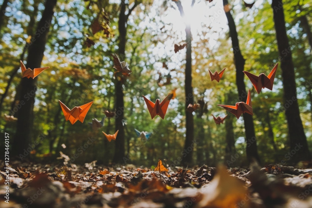 Poster a dense forest filled with numerous orange butterflies flying and fluttering in the trees