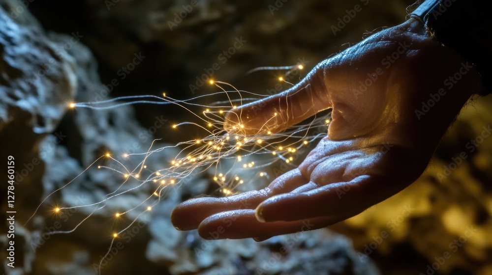 Poster a person holding a string of lights in their hand, for various uses such as party decorations or cam