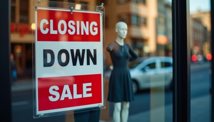 Store closing down: Signage in storefront window. Mannequin in dress. Outside street, blurred building and auto visible in background.