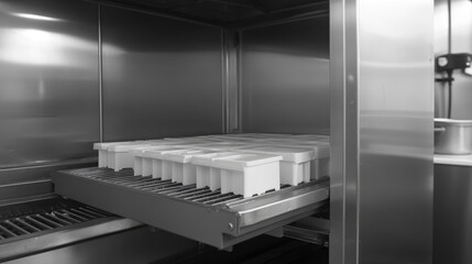 Commercial dishwasher-style tray washer with rotating nozzles and rapid dry technology.