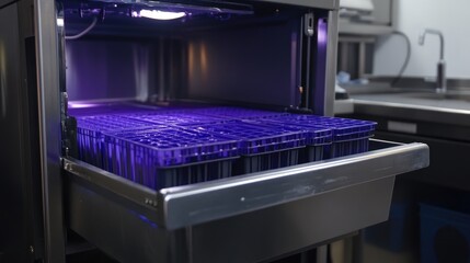 Commercial tray washer with built-in detergent dispenser and rapid drying technology.