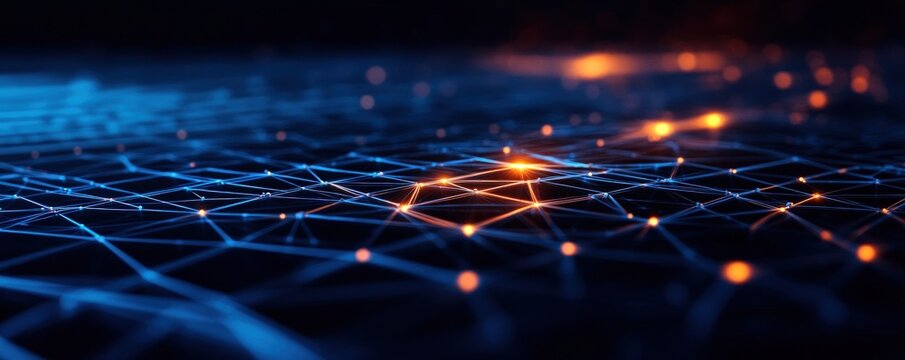 Digital network glowing, nodes connect, dark background, tech concept