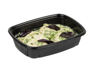 A black plastic container of delicious food on a white background