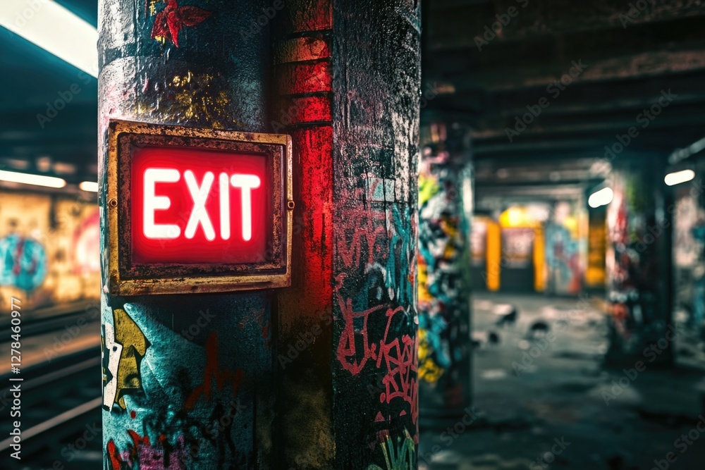 Poster a bright red exit sign sits on the side of a train track, ready to guide passengers safely off the t