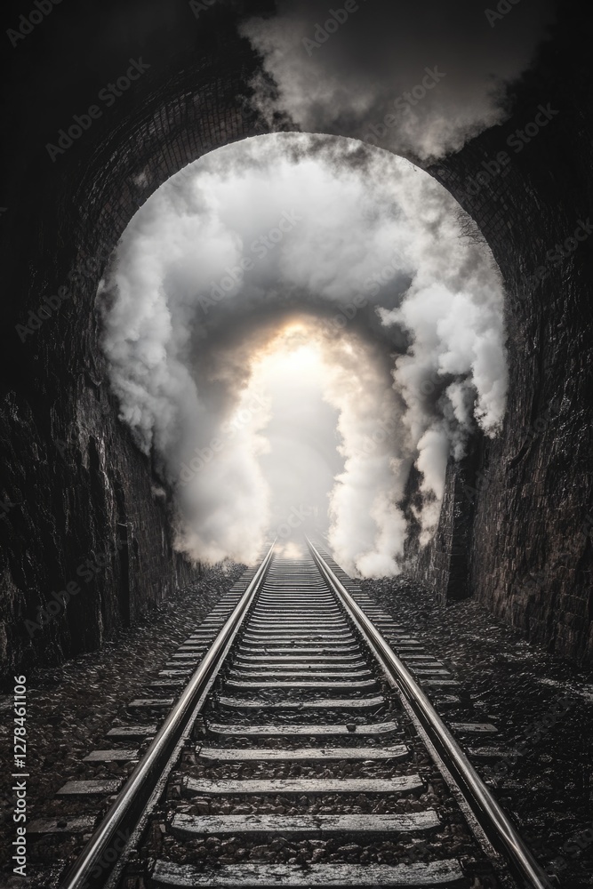 Poster a train entering a tunnel with steam emitting from the engine