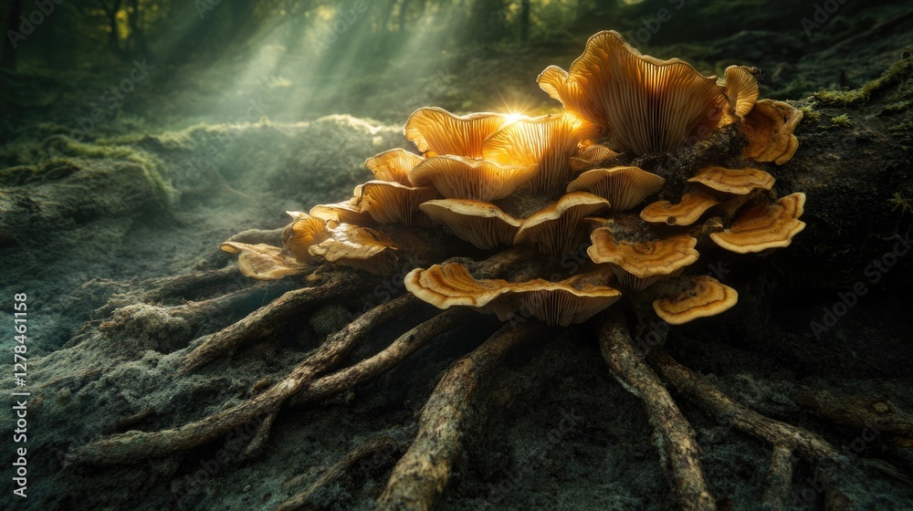 Poster a cluster of mushrooms grows on a decaying tree stump in a forest