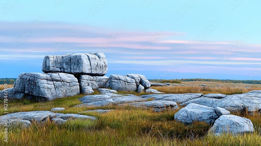Wall mural a serene landscape featuring large rock formations amidst grassy fields under a soft blue sky, creat