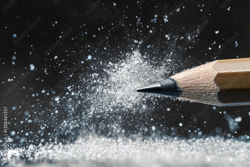 Poster pencil tip creates a burst of graphite dust against a dark background highlighting artistic potentia