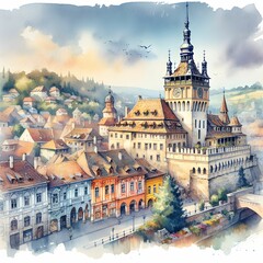 Fototapeta premium Sighișoara in Watercolor – A Charming Transylvanian Citadel with Colorful Architecture and Historic Landmarks