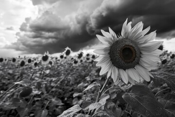 A single sunflower grows in a green field, black and white photo © Fotograf