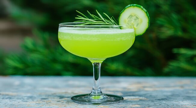 A refreshing cucumber and rosemary mocktail, featuring thin cucumber ribbons and aromatic herbs in a crystal-clear glass.