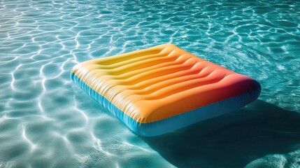 A bright and colorful inflatable air mattress floating in a crystal-clear pool with gentle ripples.