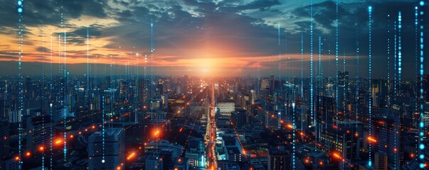 Fototapeta premium Sunset cityscape data streams