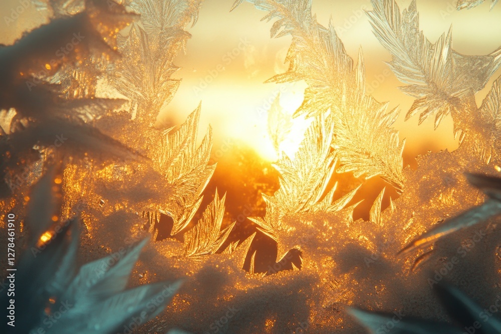Poster a close-up view of a frosty window with sunlight shining through, great for winter or cold-themed im