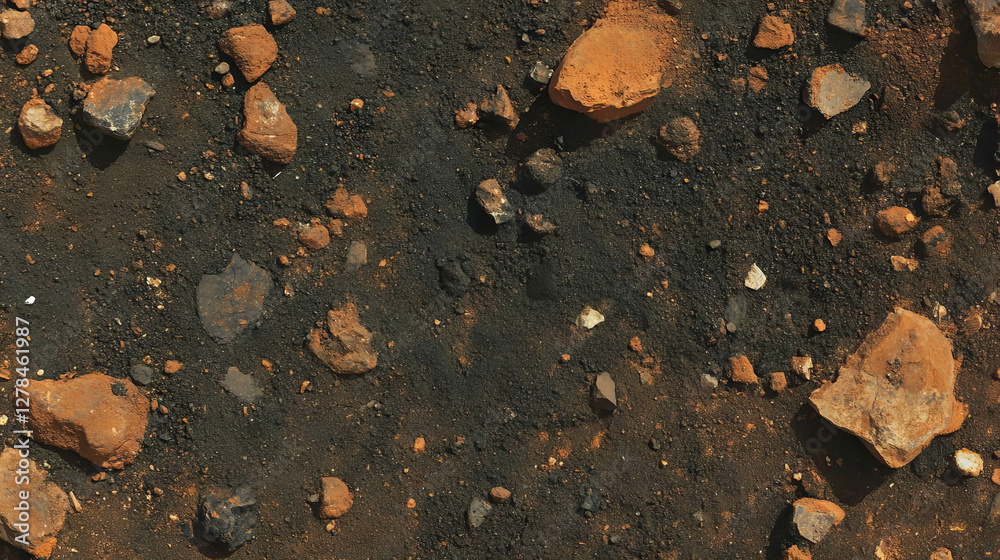 Poster Rustic earthy surface with dark mud and rocks for textured background design