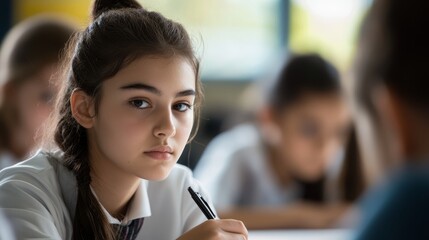 Young girl studying, focused student in classroom, educational environment