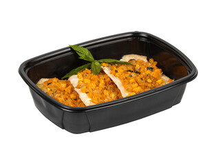 A black plastic container with food on a white background