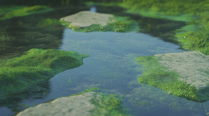 Naklejka premium Natural landscape with dark olive green moss on wet stones in serene water setting